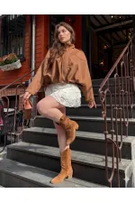 Kadın Kiremit Oversize Fermuar ve Çıt Çıt Kapamalı Cepsiz Süet Deri Ceket HZL25W-BD107301