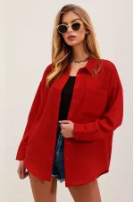 Kadın Kırmızı Tek Cepli Oversize Keten Ayrobin Gömlek HZL24S-BD1201531