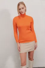 Pull col roulé côtelé orange pour femme HZL22W-BD1445001