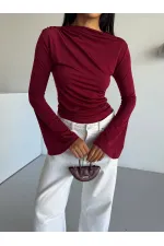 Kadın Bordo Drape Detaylı İspanyol Kol Sany Bluz HZL25W-FRY123431