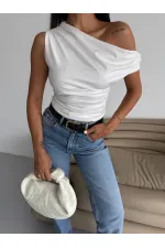 Kadın Beyaz Yandan Drapeli Kayık Yaka Sandy Bluz HZL25S-FRY123201