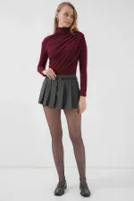 Kadın Bordo Büzgü Detay Balıkçı Yaka Sandy Bluz HZL25W-BD19251