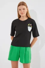 912 Printed Knitted Basic T-Shirt - Black