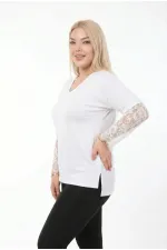 Women's White Plus Size V-Neck Lace Sleeve Blouse HZL26S-ZSS19661 Women's White Plus Size V-Neck Lace Sleeve Blouse HZL26S-ZSS19661