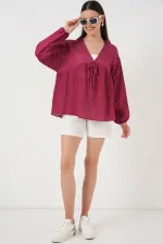 Women's Front Lace-Up Long-Sleeve Blouse 946 - Burgundy