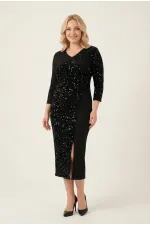 Women's Black Plus Size Wrap Neckline Sequin Detail Evening Dress HZL26W-PR10071