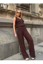 Kadın Kahverengi Beli Lastilkli Gofre Kumaş Pantolon HZL24S-ZK13261