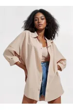 Kadın Bej Oversize Uzun Basic Gömlek HZL22W-BD139001