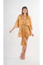 Kadın Hardal Desenli Saten Yüzeyli V Yaka Halka Detaylı Kuşaklı Mini Elbise HZL24S-YY230