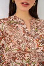 Kadın Desenli Uzun Tesettür Elbise 2585 - Sütlü Kahve