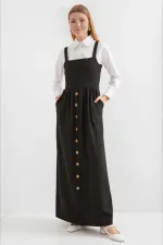 Kadın Siyah Askılı Düğme Detaylı Cepli Kuşaklı Uzun Elbise HZL24S-BD124901