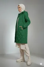 Manteau hijab long matelassé vert émeraude pour femme HZL25W-BD151381
