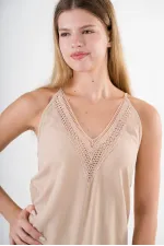 Kadın Bej V Yaka İp Askılı Eteği Pileli Güpür Detaylı Elbise HZL24S-YY244