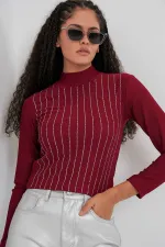 Kadın Bordo Yarım Balıkçı Önü Taşlı Body HZL25W-BD19221
