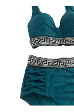 Women's Green High Waist Side Stripe Detail Patterned Elastic Padded Bikini Set HZL25S-LC201
