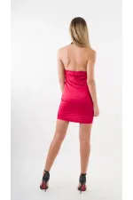 Kadın Kırmızı Halter Yaka Saten Kumaş Sırt Dekolteli Mini Elbise HZL24S-YY262