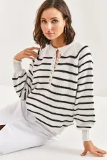 Kadın Beyaz Hafif Balon Kol Çizgili Düğmeli Yaka Triko Kazak HZL23W-BD1101491