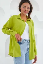 Kadın Fıstık Yeşil Tek Cepli Oversize Keten Ayrobin Gömlek HZL24S-BD1201531
