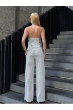 Kadın Bej Çizgili Önü Fermuarlı Bluz Pantolon İkili Takım HZL25S-ZK13691