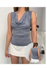 Women's Grey V-Neck Sandy Blouse with Side Drapes HZL25S-FRY123131