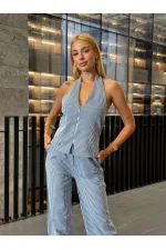 Kadın İndigo Çizgili Önü Fermuarlı Bluz Pantolon İkili Takım HZL25S-ZK13691