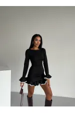 Kadın Siyah Uzun Kollu Volanlı ve Biyeli Dalgıç Kumaş Mini Elbise HZL25W-FRY123401