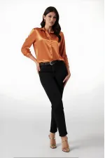 Kadın Oranj  Hafif Dökümlü Saten Yüzeyli Gömlek HZL22W-BD139641