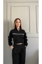 Sweat-shirt à rayures noires et blanches pour femme, col zippé, 3 fils, en relief, HZL24W-ZK12781