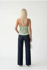 Kadın Çağla Yeşil Halter Yaka Saten Kumaş Sırt Dekolteli Bluz HZL26W-FRY123801