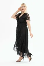 Kadın Siyah Büyük Beden V Yaka Astarlı Dantel Detaylı Şık Abiye Elbise HZL26S-PR11071