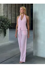 Kadın Pembe Çizgili Önü Fermuarlı Bluz Pantolon İkili Takım HZL25S-ZK13691