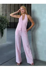 Kadın Pembe Çizgili Önü Fermuarlı Bluz Pantolon İkili Takım HZL25S-ZK13691