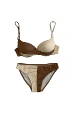 Women's Brown Cream Color Block Lined Bikini Set HZL25S-LC214