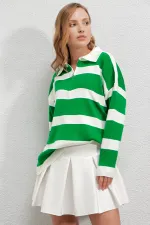 Pull oversize en maille à rayures vertes et col polo pour femme, zippé, HZL23W-BD145121