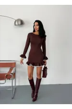 Women's Brown Long Sleeve Flounce and Piping Diving Fabric Mini Dress HZL25W-FRY123401