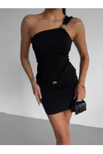 Women's Black One-Shoulder Sandy Mini Dress with Gold Accessories HZL26W-FRY123781