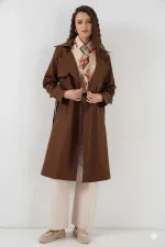 Women's Brown Double-Breasted Belted Lined Trench Coat HZL25W-BD159181