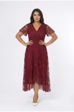 Kadın Bordo Büyük Beden V Yaka Astarlı Dantel Detaylı Şık Abiye Elbise HZL26S-PR11071