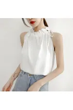Kadın Beyaz Boynu Büzgü Detaylı Kolsuz Dokuma Şık Bluz  HZL22S-DSB110021