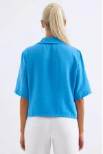 Veste Ayrobin en lin bleu à manches courtes et col châle pour femme, boutonnée, HZL24S-BD107061