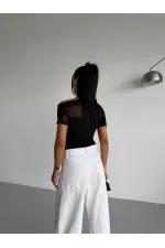 Kadın Siyah Tek Omuz Transparan Tül Detaylı Şık Sandy Bluz HZL26S-FRY123871