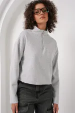 55449 Zip-Up Collar Knitted Sweatshirt - Grey