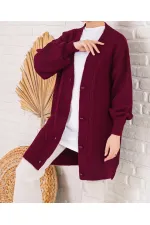 Women's Burgundy Hair Knit Pattern Long Buttoned Casual Cut Knitwear Cardigan HZL23W-BD1100691