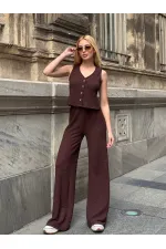 Kadın Kahverengi Beli Lastilkli Gofre Kumaş Pantolon HZL24S-ZK13261