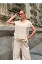 Women's Cream-Colored, Relaxed Fit Linen Top and Bottom Set with Tassel Detail HZL26S-VL14181