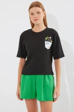 912 Printed Knitted Basic T-Shirt - Black