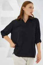 Kadın Siyah Gömlek Yaka Saten Bluz 0493