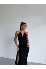 Women's Black Sandy Midi Dress with Neck Accessory and Side Slit HZL26S-FRY123841