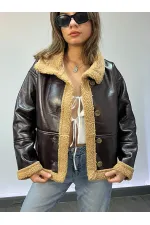 Kadın Acı Kahve İçi Suni Kürklü Önden Düğmeli Suni Deri Mont HZL23W-BRC129311