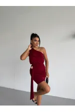 Women's Burgundy One-Shoulder Buckle Detail Draped Sandy Fabric Mini Dress HZL26S-FRY123881